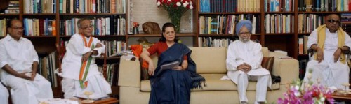 M. Karunanidhi (right), with Manmohan Singh, Sonia Gandhi, Pranab Mukherjee, A.J.Antony, at a UPA meeting this week - a Reuters pic