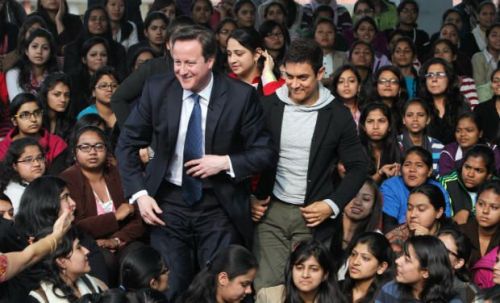 David Cameron with Bollywood star Aamir Khan and Delhi students