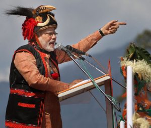 Narendra Modi in Arunachal Pradesh  wearing a the traditional dumluk headgear of the local Adi tribe