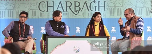 Anustup Nayak (L), Shashi Tharoor (2L), Sanchaita Gajapati Raju (2R),  story writer, novelist Desraj Kali (R) - Getty Images