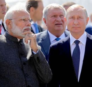 Russian President Putin and Indian Prime Minister Modi visit the shipbuilding plant "Zvezda" outside Vladivostok